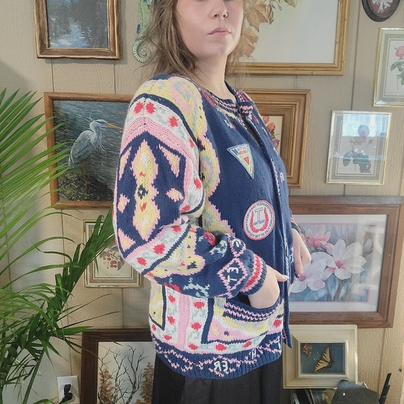 Vintage Sweater Cardigan Oversized Bohemian Colligate Style Blue Pink Yellow M - Picture 3 of 12